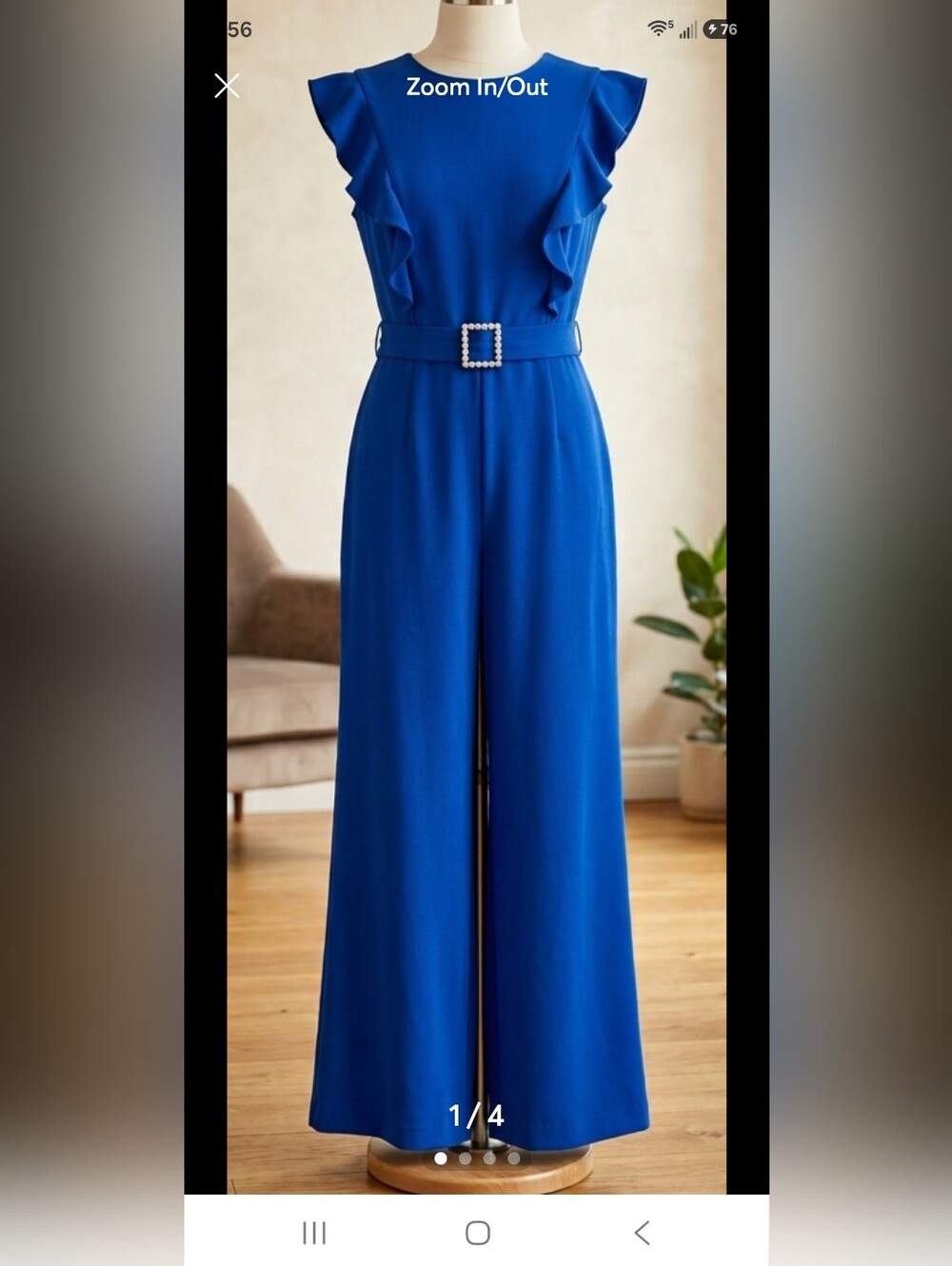 Betsey Johnson Royal Blue Ruffled Wide-Leg Jumpsuit with Pearl Buckle